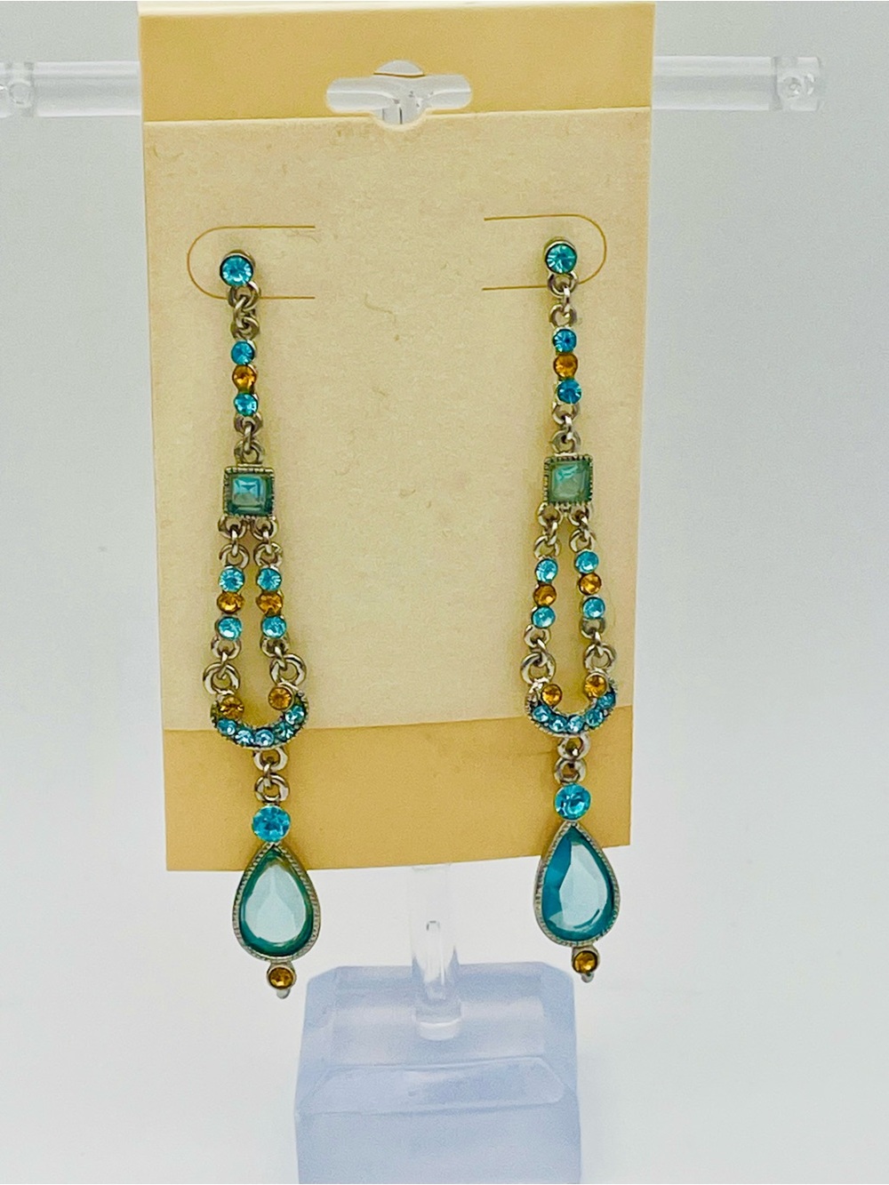 Silver Tone Teal and Amber Teardrop Crystal Dangle Earrings. Cathedral. Pierced
